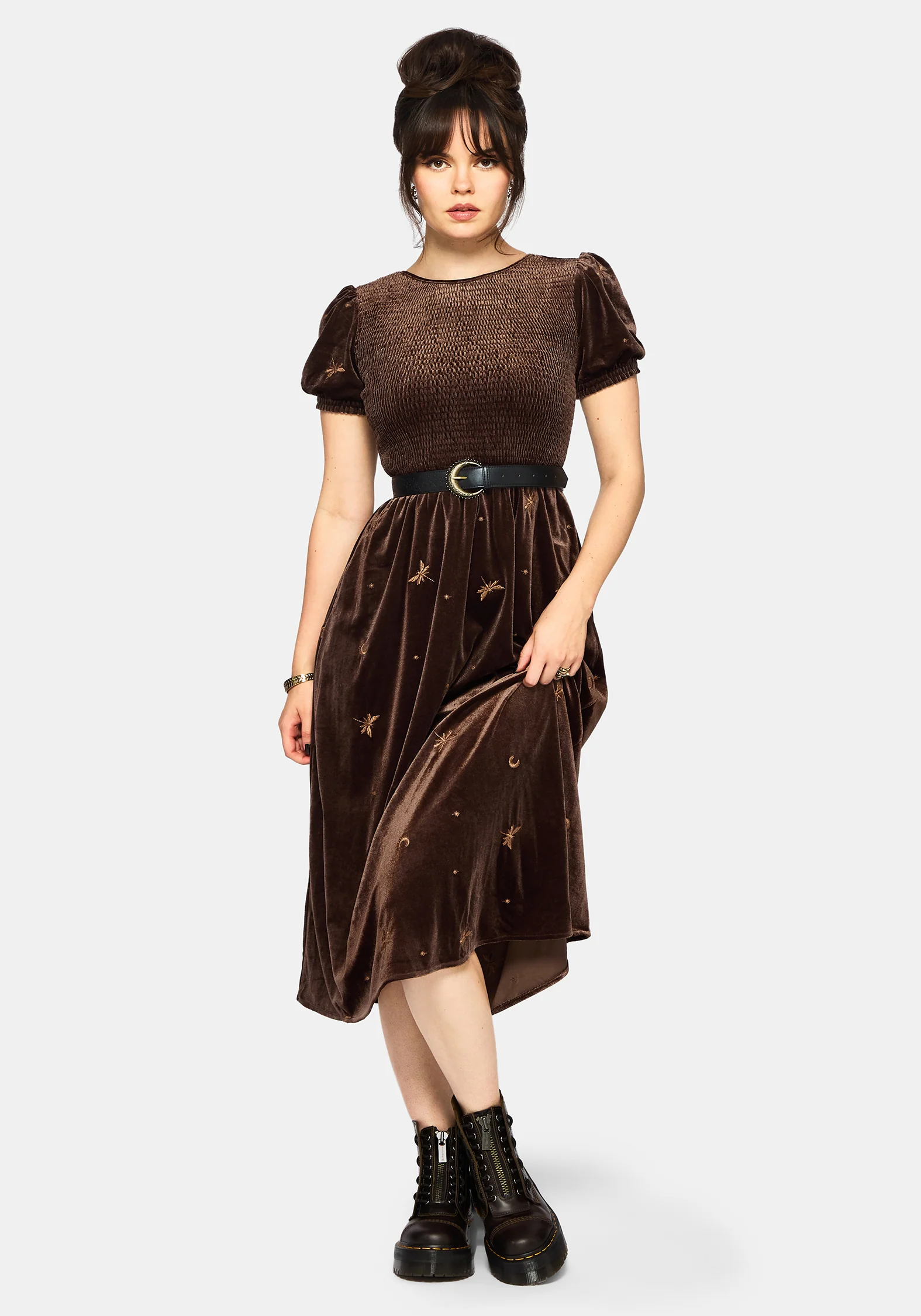 Seraphine Dragonfly Embroidered Velour Smocked Bodice Midi Dress - Image 5