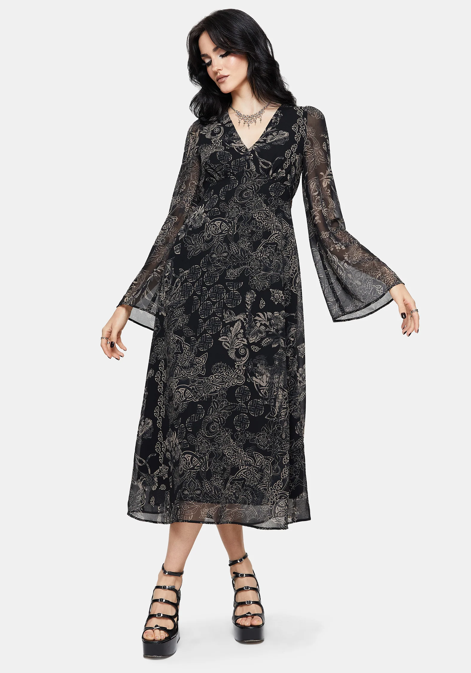 Surge Celtic Print Ruffle Neck Midi Dress - Image 5