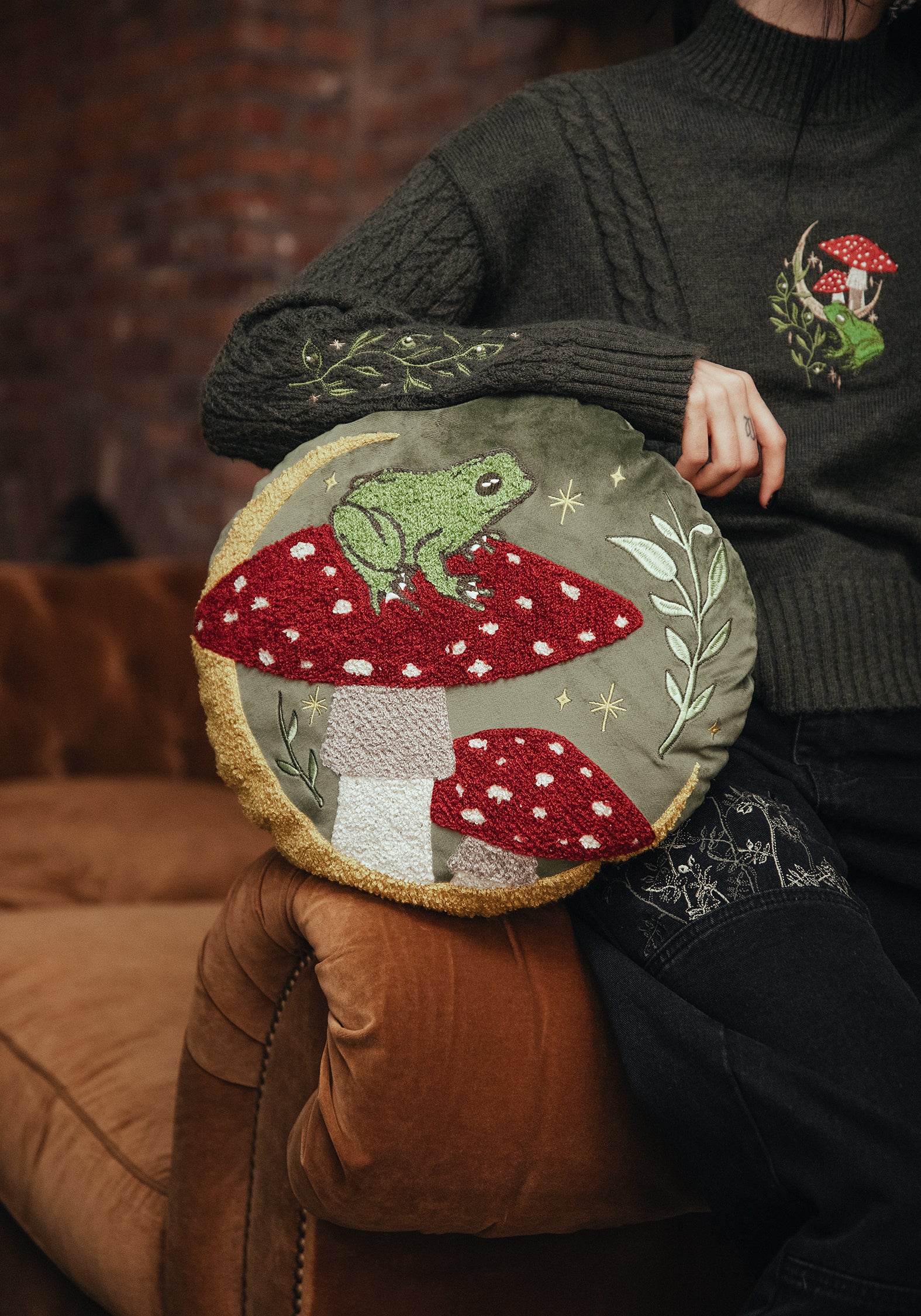 Swamplife Embroidered Velour Round Cushion - Image 2