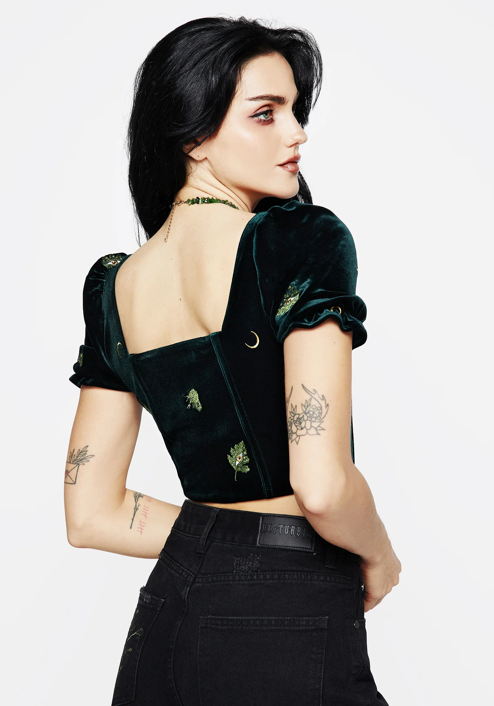 Swamplife Frog Embroidered Velour Puff Sleeve Corset Top - Image 3