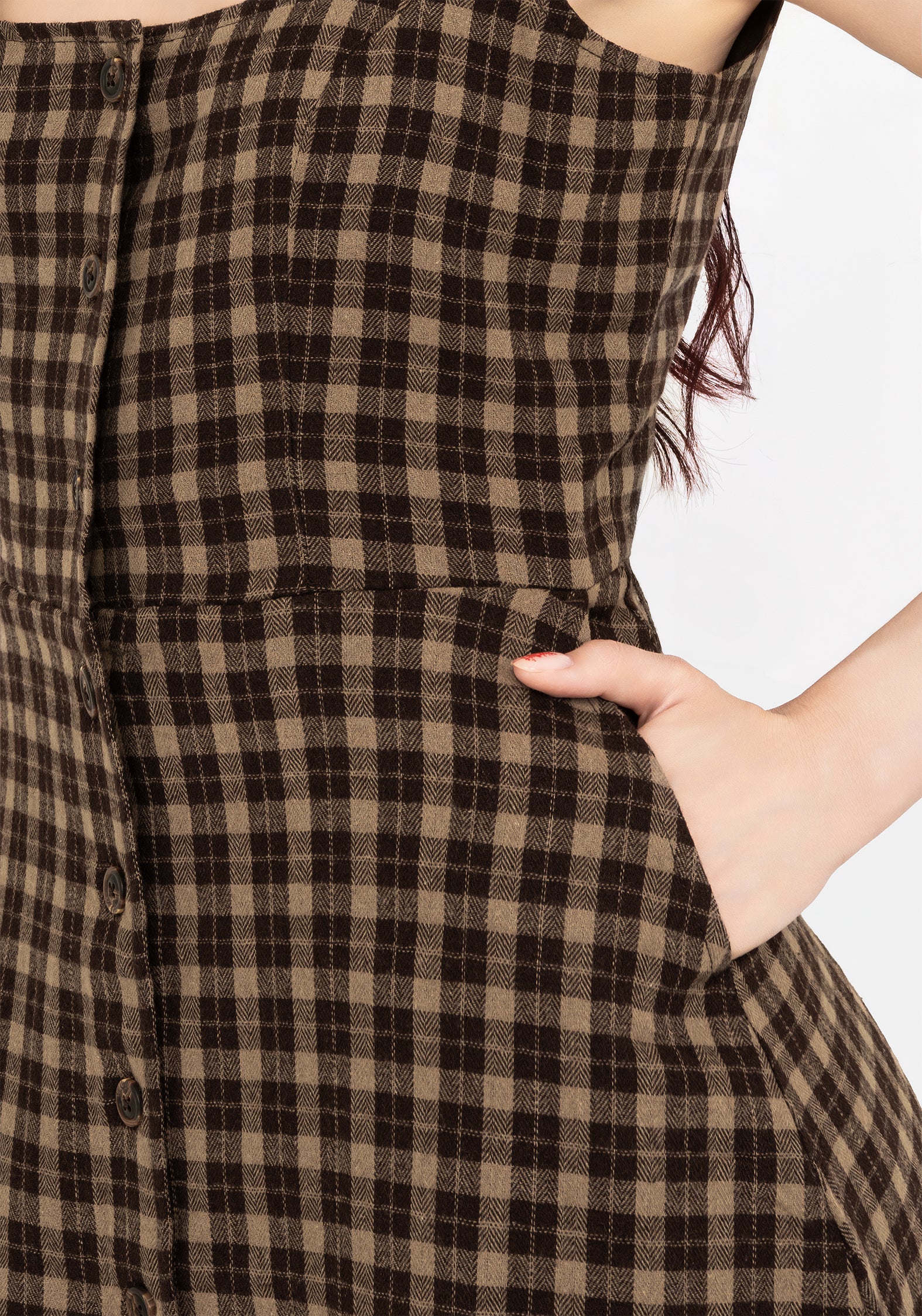 Terra Cotton Check Sleeveless Button Up Mini Dress - Brown - Image 2