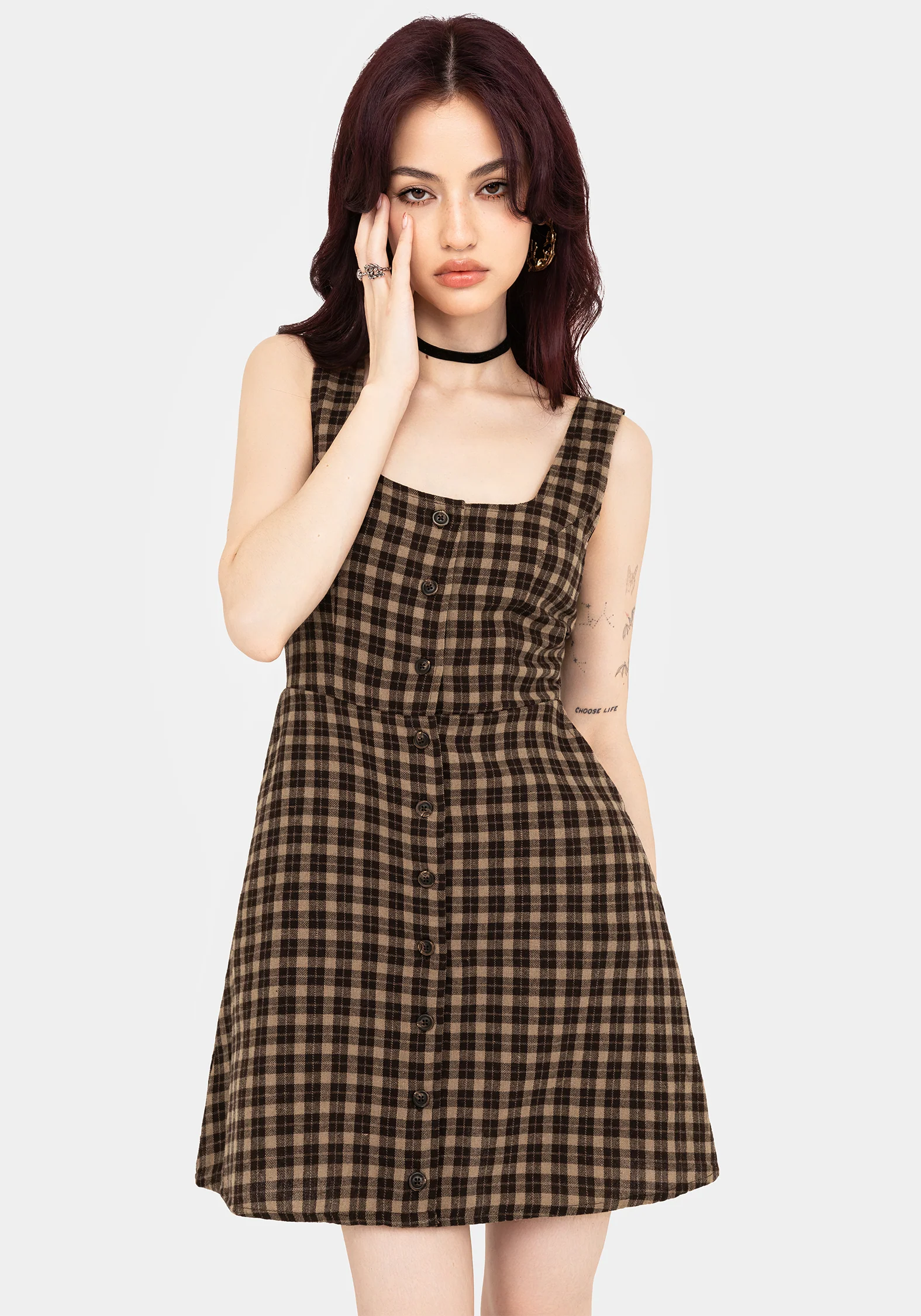 Terra Cotton Check Sleeveless Button Up Mini Dress - Brown - Image 6