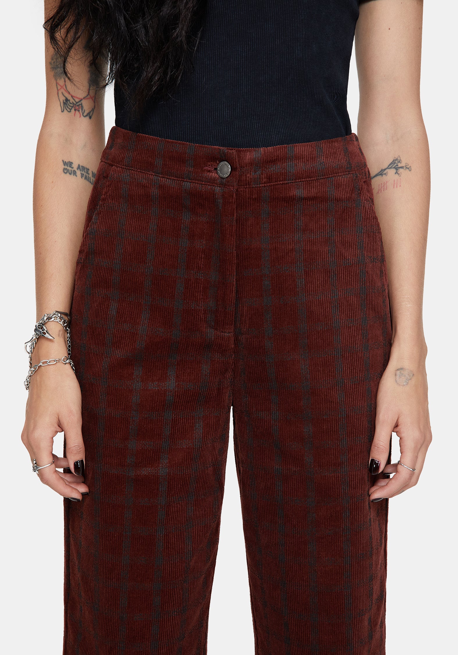 Terracotta Cotton Cord Check Straight Leg Crop Trousers - Image 2