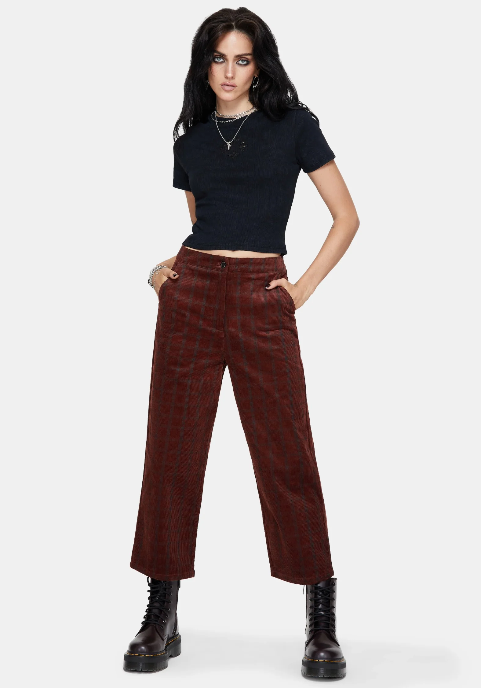 Terracotta Cotton Cord Check Straight Leg Crop Trousers - Image 5
