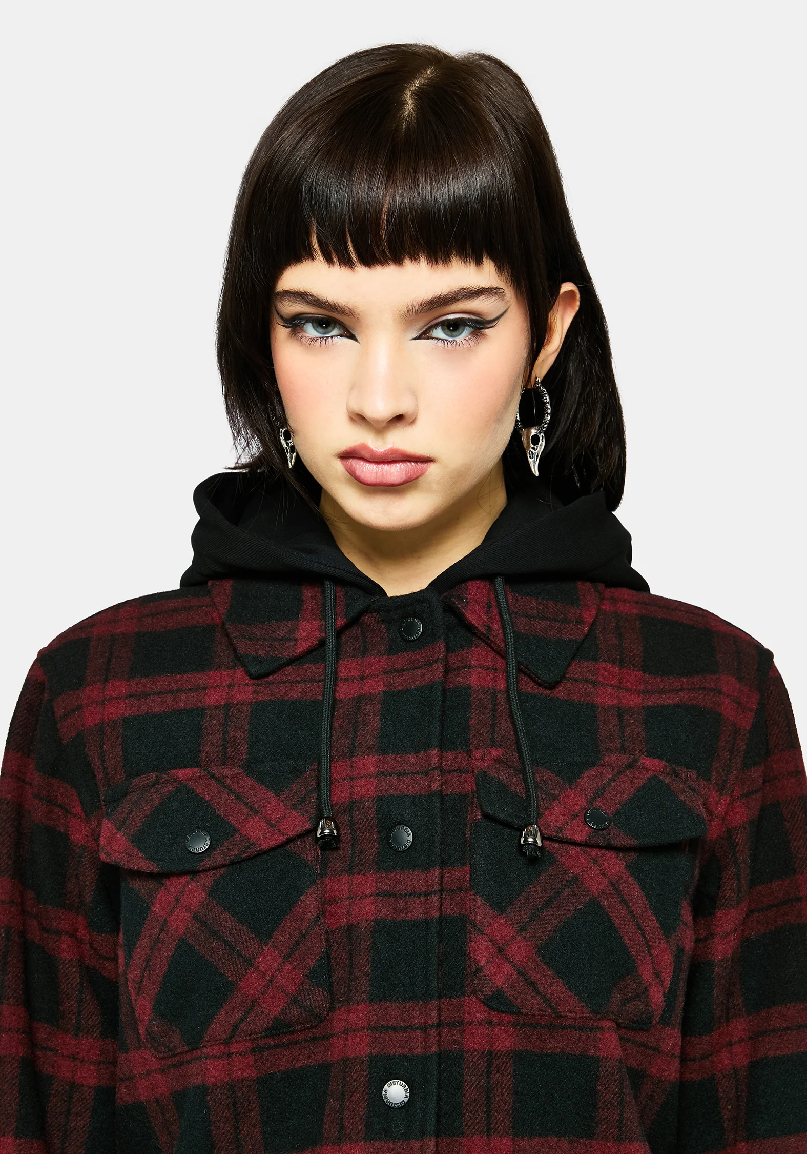 Trellis Hooded Pocket Check Shacket - Burgundy - Image 2