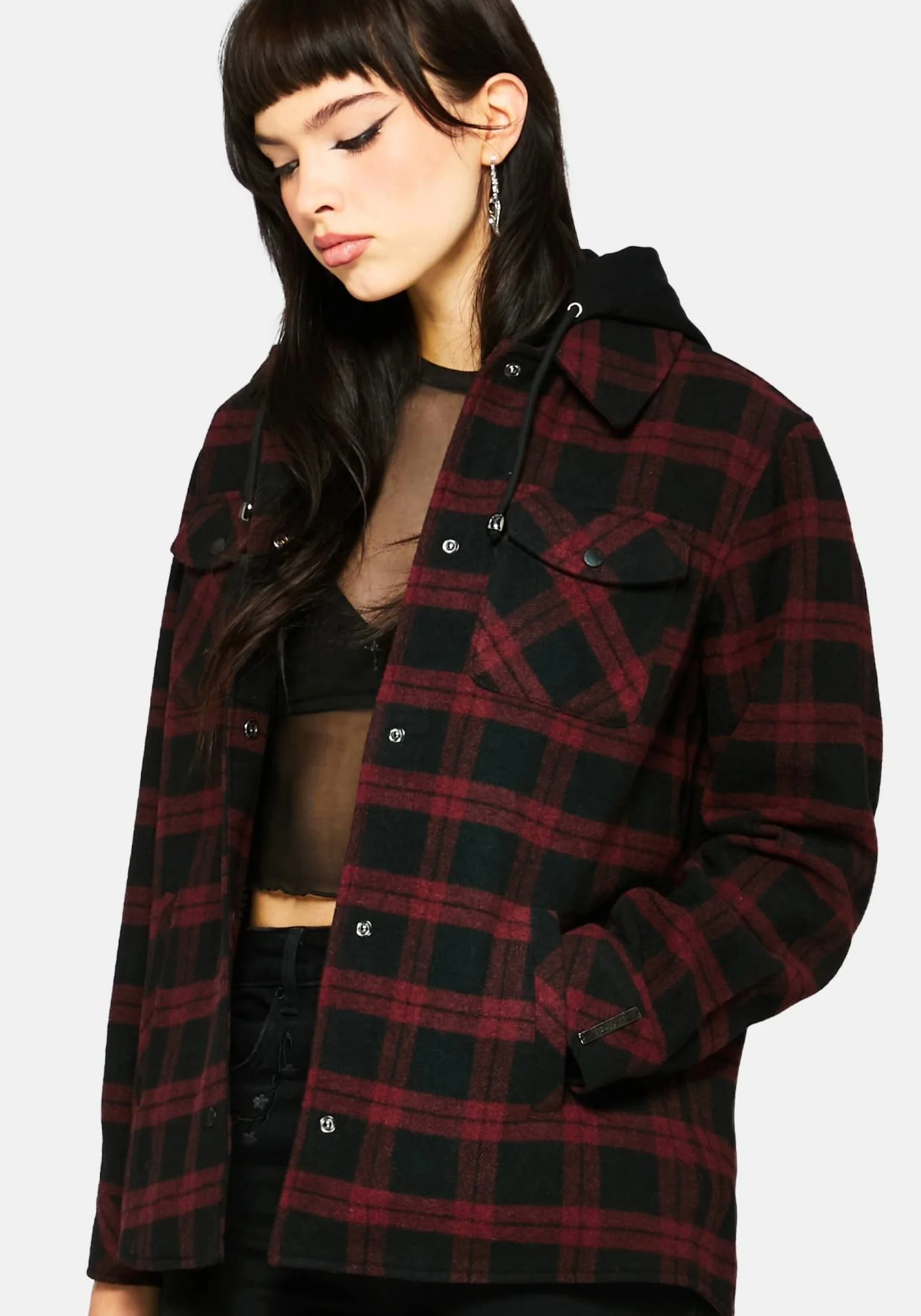 Trellis Hooded Pocket Check Shacket - Burgundy - Image 5