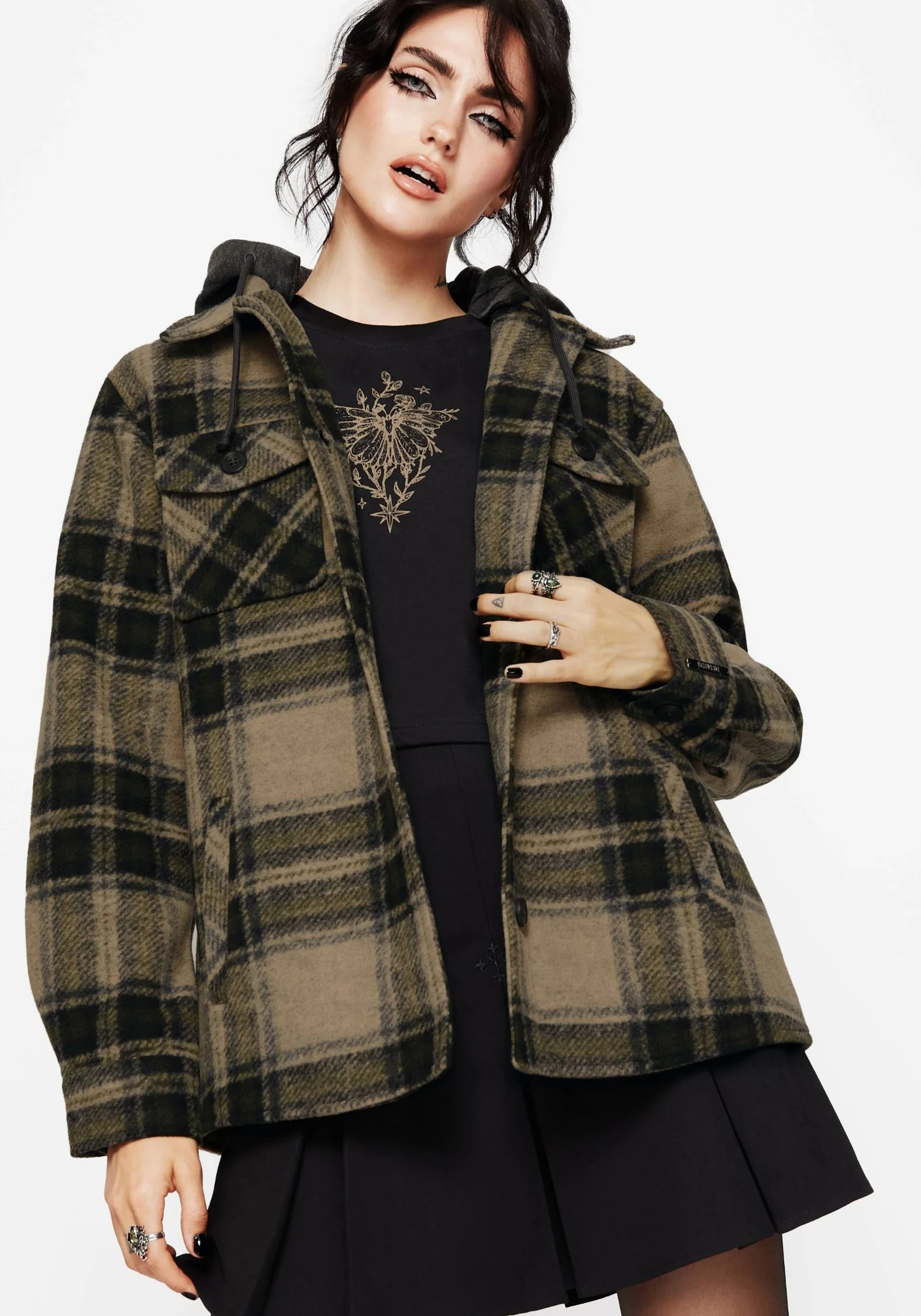Trellis Hooded Pocket Check Shacket - Green