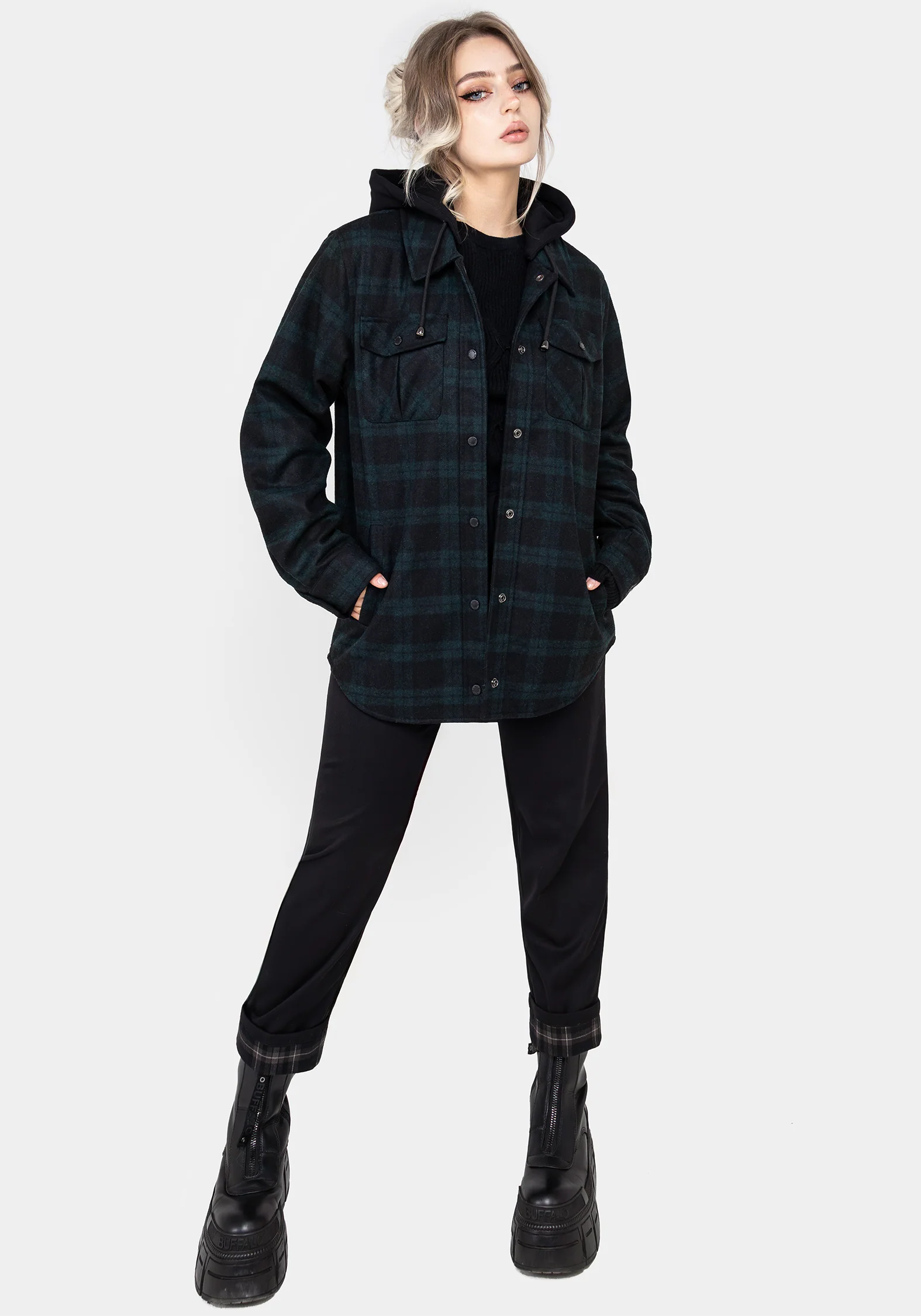 Trellis Hooded Pocket Wool Blend Check Shacket - Image 8