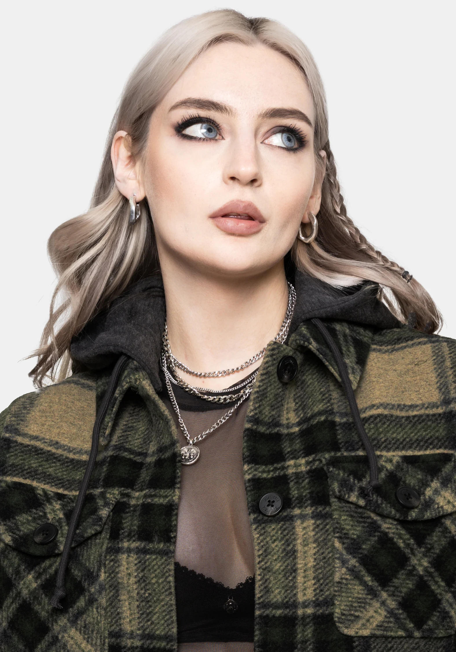 Trellis Lightweight Hooded Pocket Check Shacket - Green - Image 2