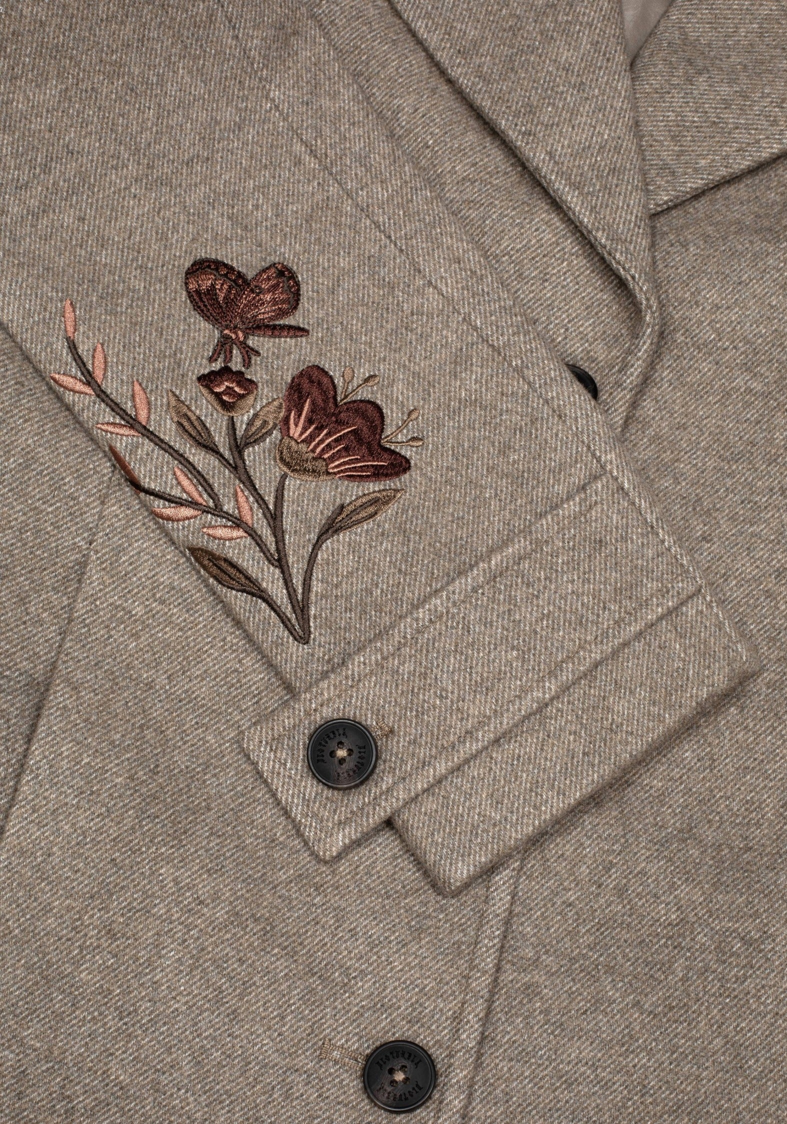 Valeria Floral Moth Embroidered Herringbone Longline Coat - Image 11