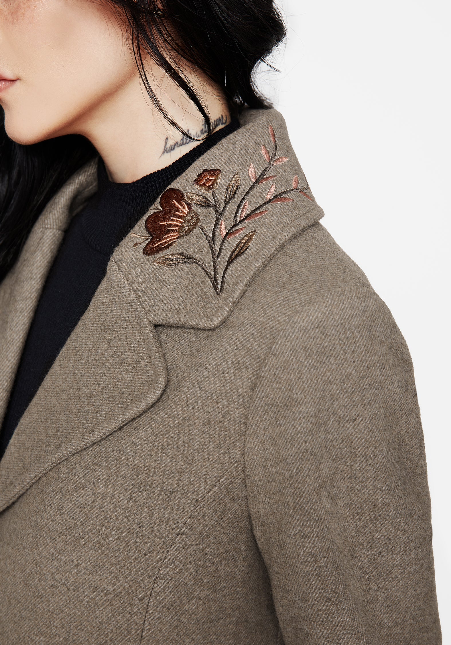 Valeria Floral Moth Embroidered Herringbone Longline Coat - Image 2