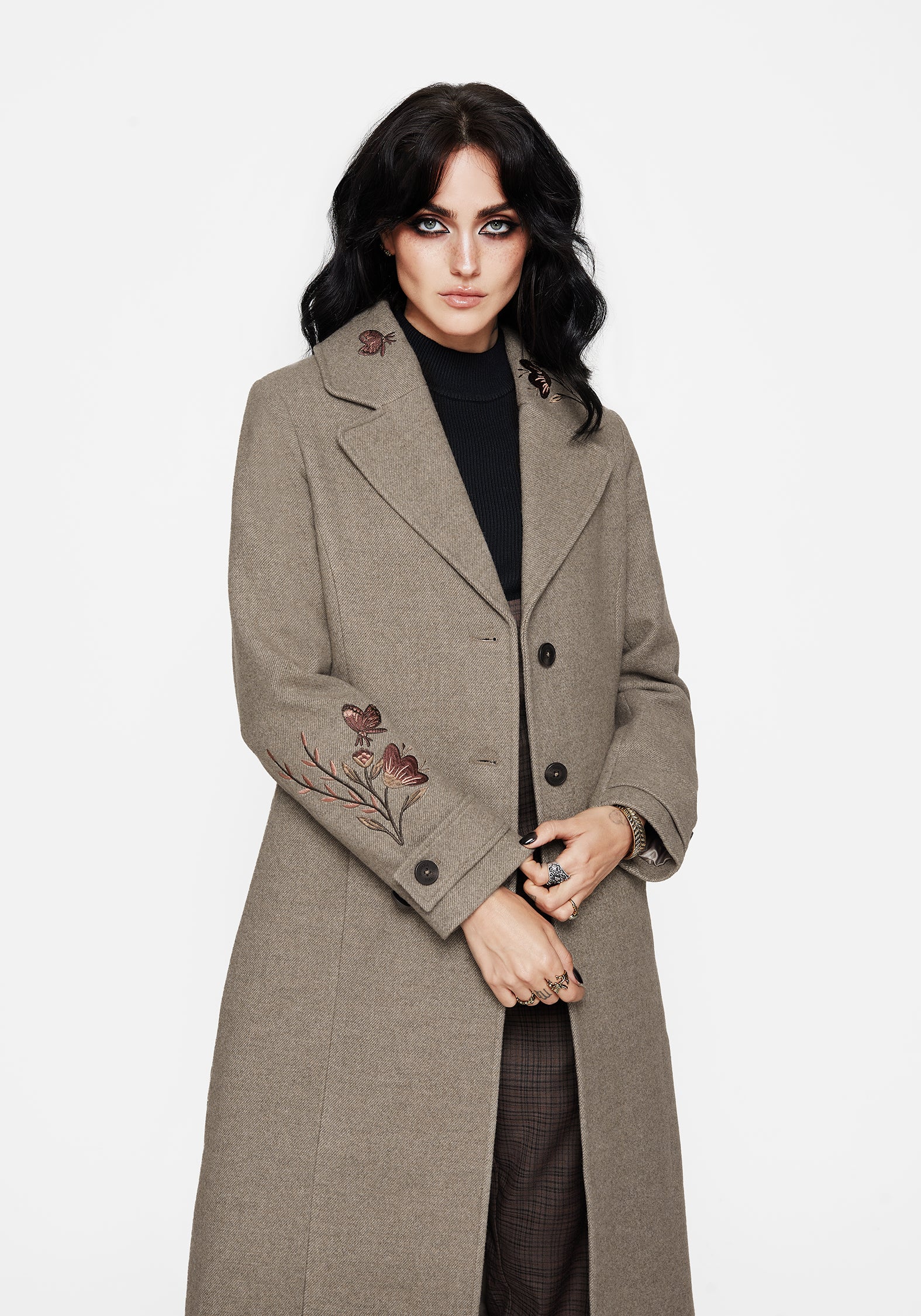 Valeria Floral Moth Embroidered Herringbone Longline Coat - Image 4