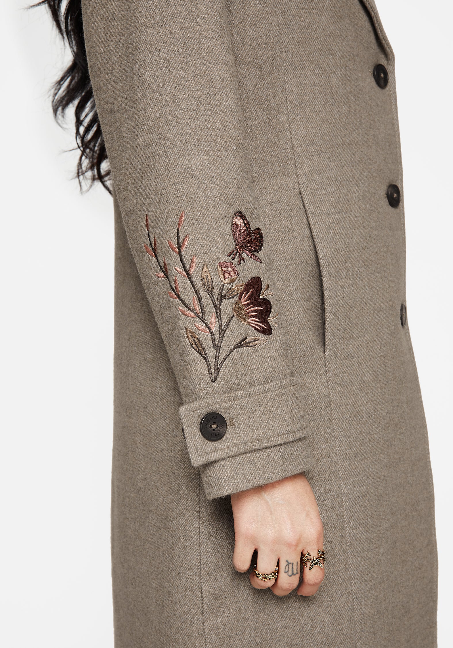 Valeria Floral Moth Embroidered Herringbone Longline Coat - Image 6