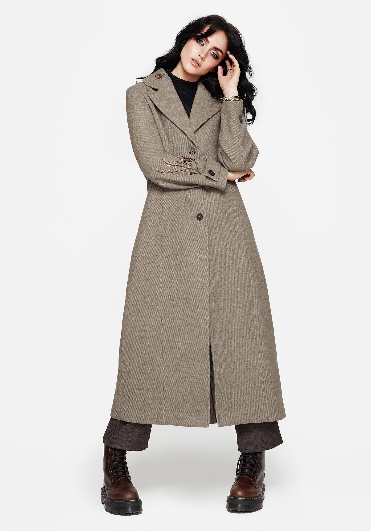 Valeria Floral Moth Embroidered Herringbone Longline Coat - Image 7