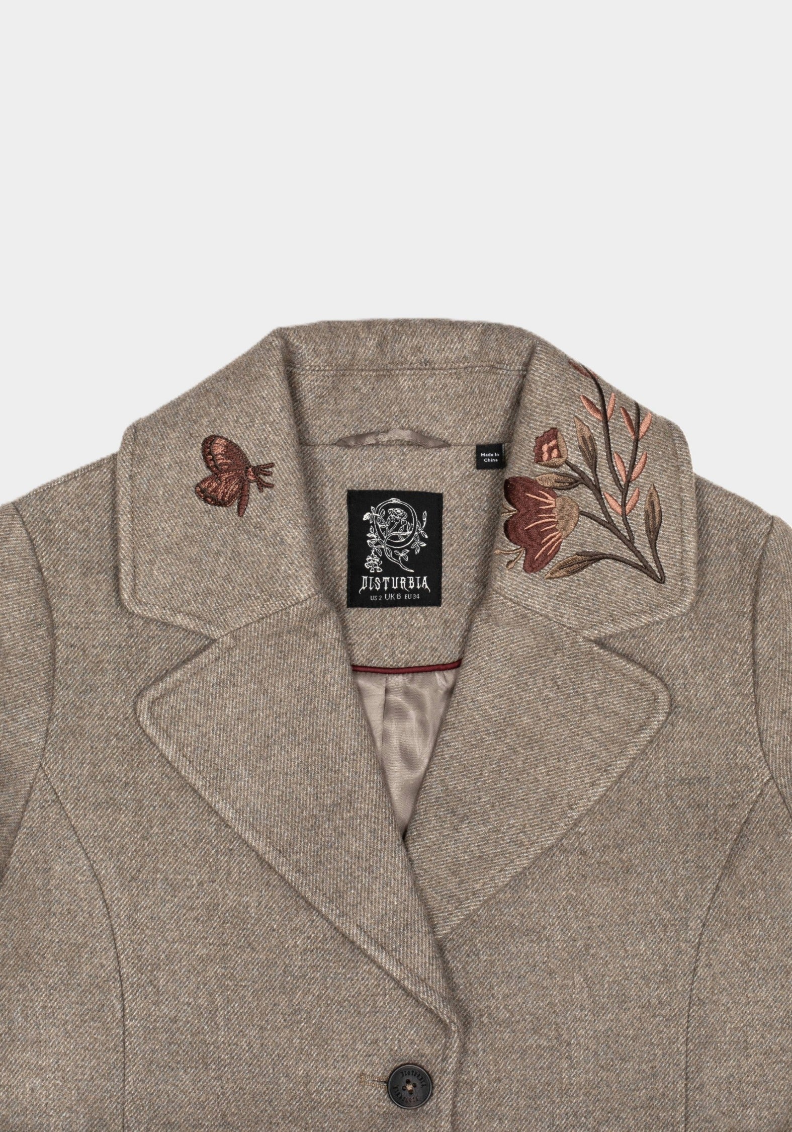 Valeria Floral Moth Embroidered Herringbone Longline Coat - Image 8