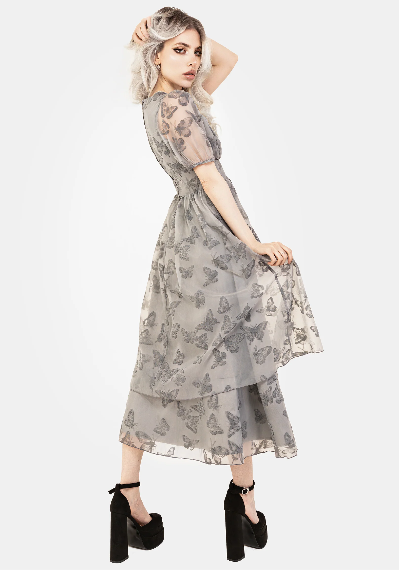 Vanessa Butterfly Print Organza Puff Sleeve Midaxi Dress - Image 3