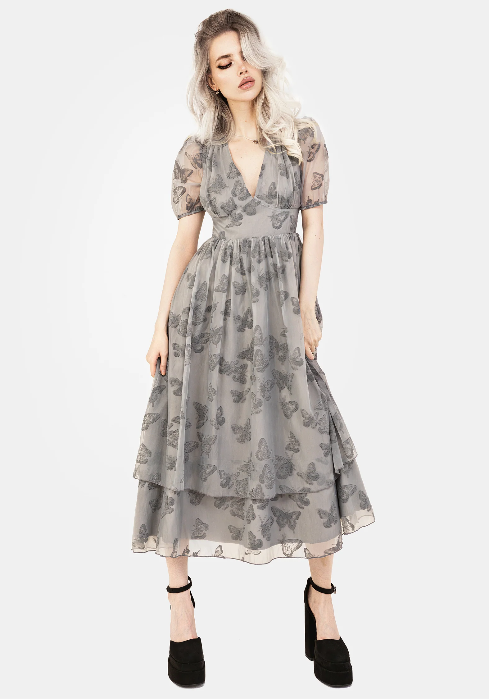 Vanessa Butterfly Print Organza Puff Sleeve Midaxi Dress - Image 4