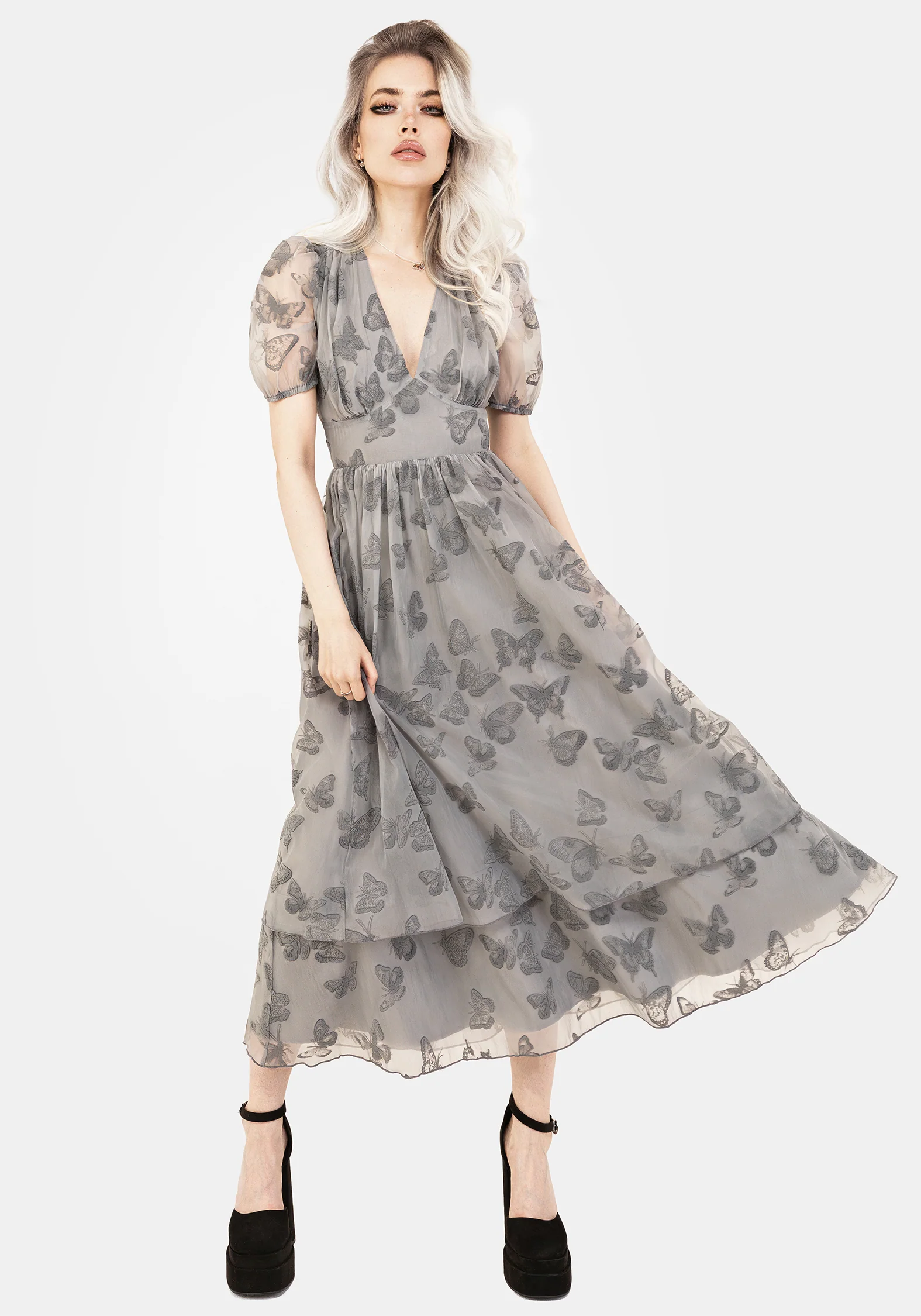 Vanessa Butterfly Print Organza Puff Sleeve Midaxi Dress - Image 6