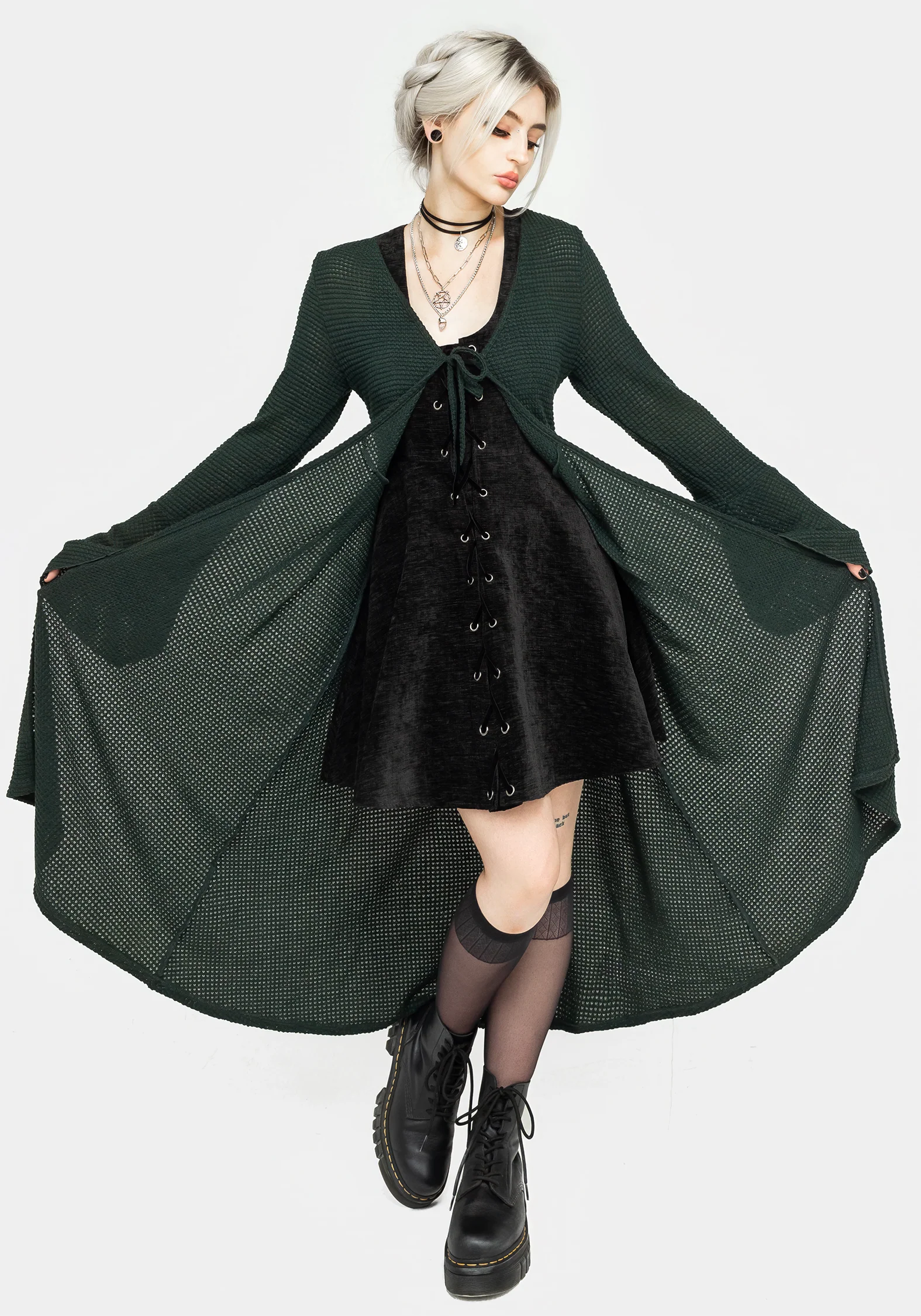 Xana Textured Tie Front Long Cardigan - Green - Image 5