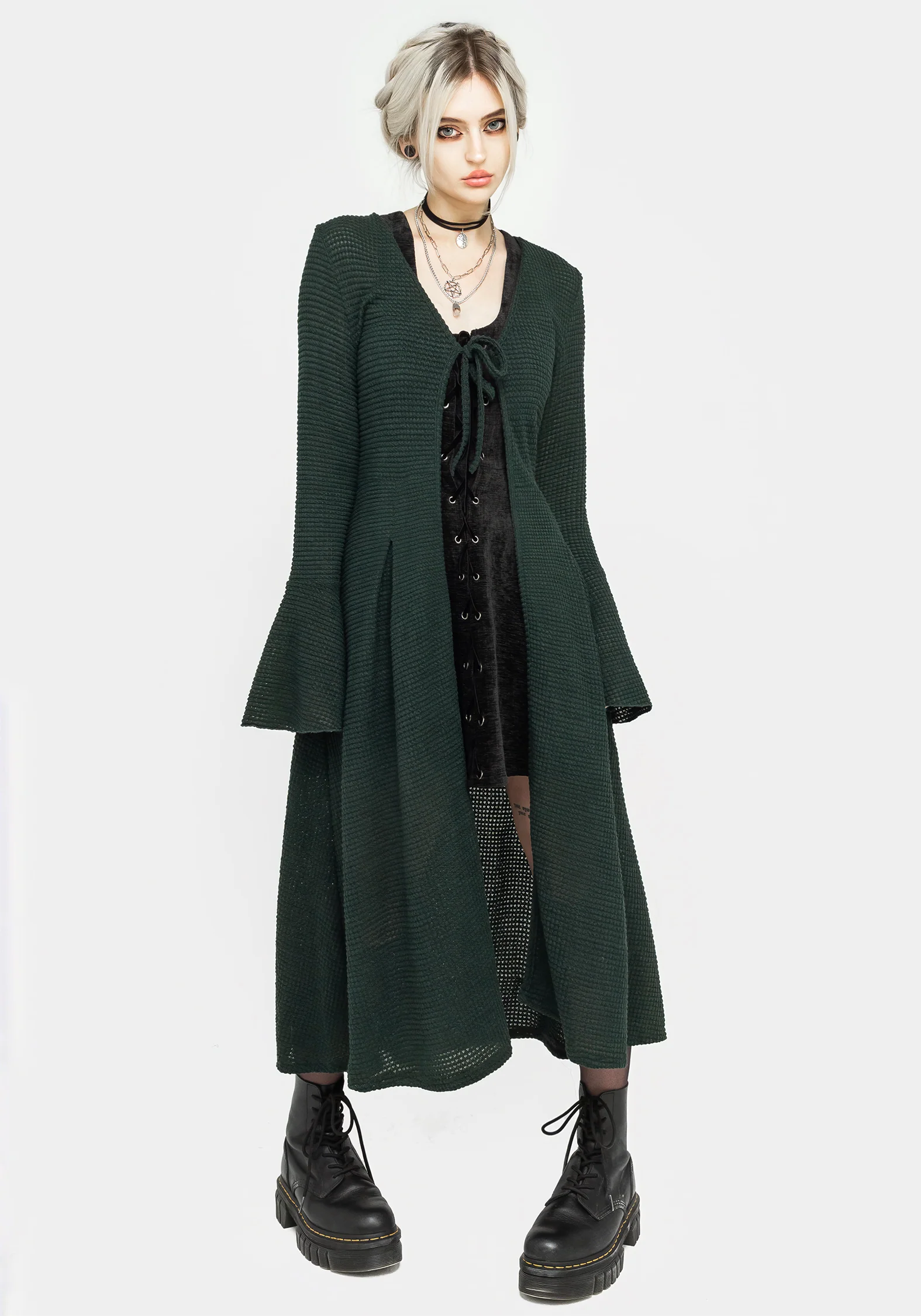 Xana Textured Tie Front Long Cardigan - Green - Image 7